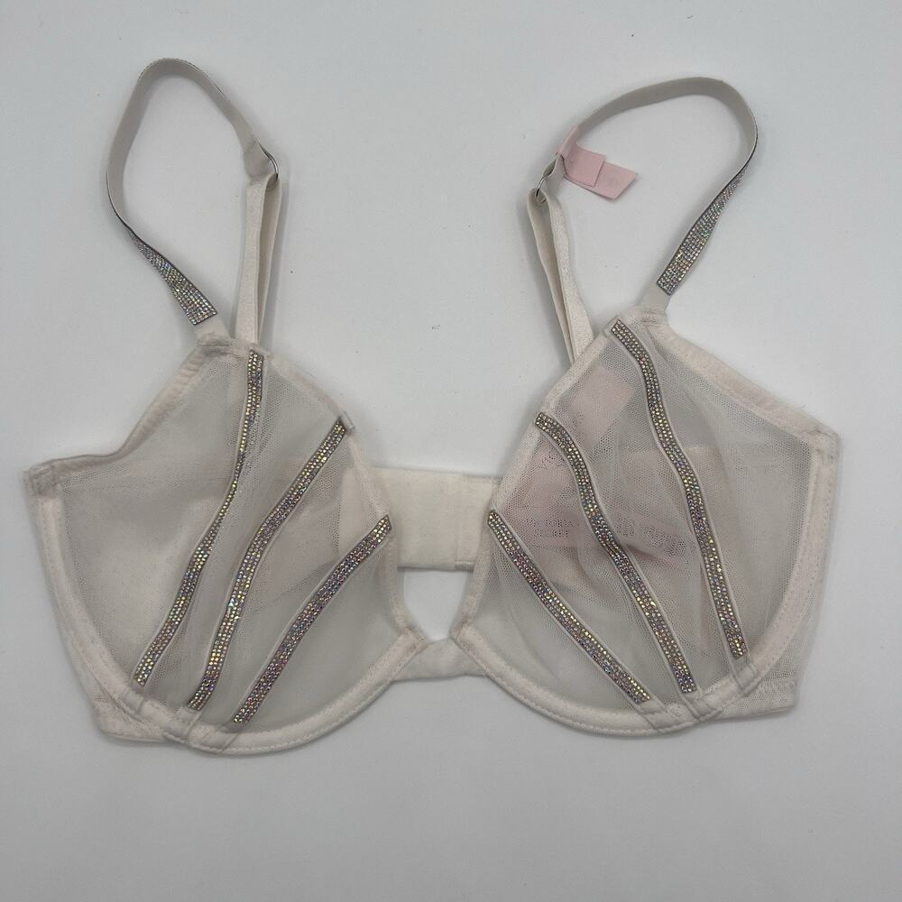 Victoria's Secret Bra‎ Very Sexy Low Cut Demi White Mesh Shine Strap 32DD NWT